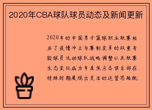 2020年CBA球队球员动态及新闻更新
