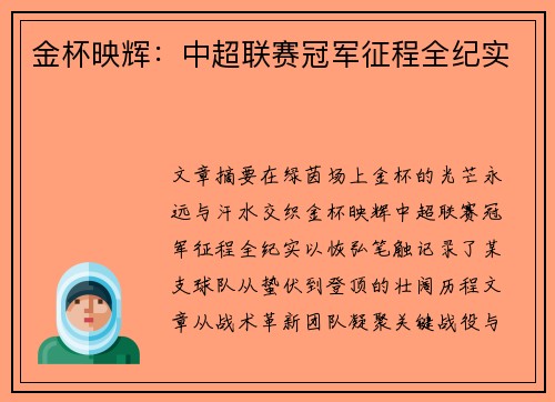 金杯映辉：中超联赛冠军征程全纪实